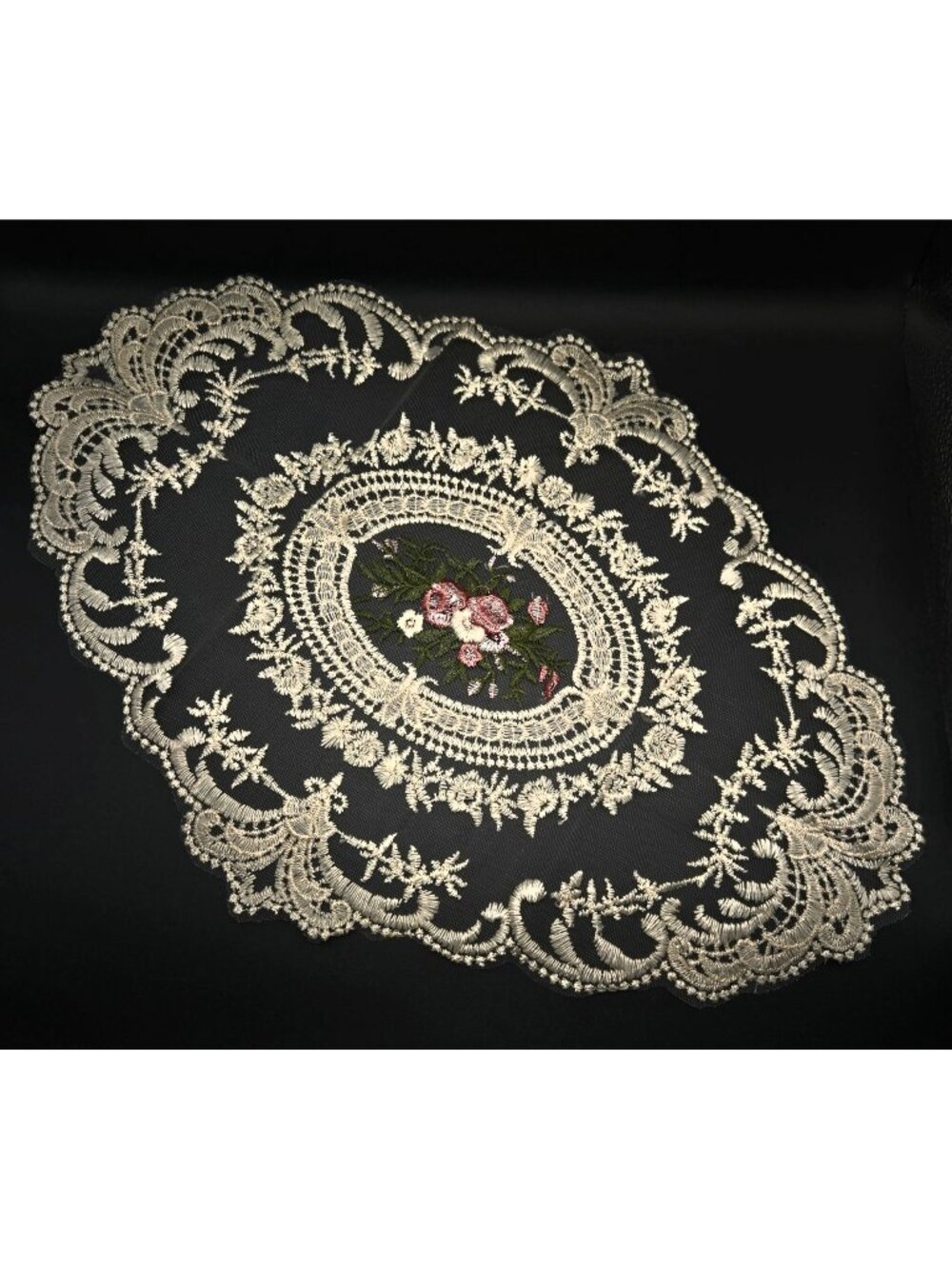 Vintage Oval Lace Doily With Floral Embroidery Intricate Lace Detailing 16"
